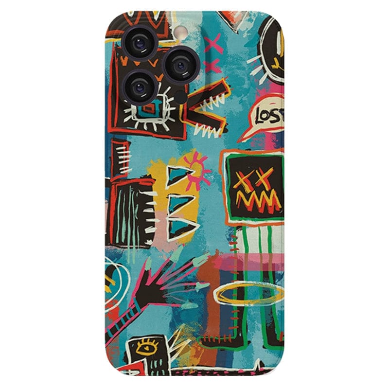 Introducing the Urban Graffiti iPhone 16 Pro Max Case Set from the Bold Street Art Collection. This case features a vibrant abstract design that includes various shapes, lines, symbols, and bold colors such as blue, red, yellow, and green. The design is reminiscent of graffiti art and boasts elements like eyes, crosses, and zigzag patterns.