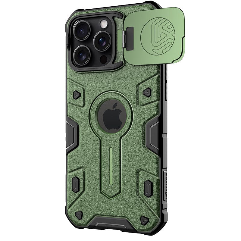 Rugged MagSafe iPhone 16 Pro Max Case in green, offering a textured design and advanced rear camera cover for optimal protection, with black accents for added style. 