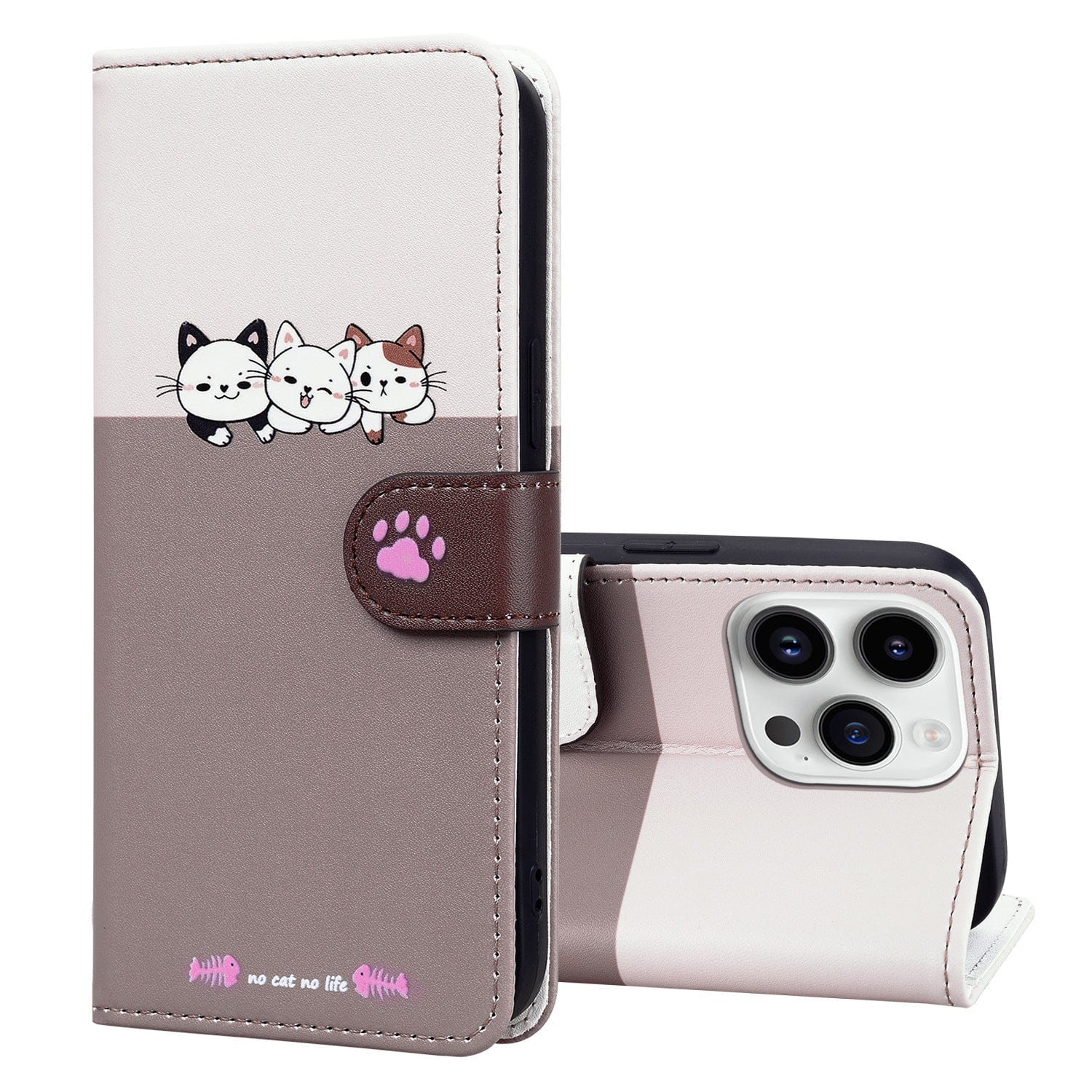 A Cute Cartoon iPhone 16 Pro Max Wallet Case illustrated with three cats on the front, featuring a paw print clasp, and the text "No cat no life" at the bottom. This shockproof flip cover includes drop protection, a stand, and card slots.