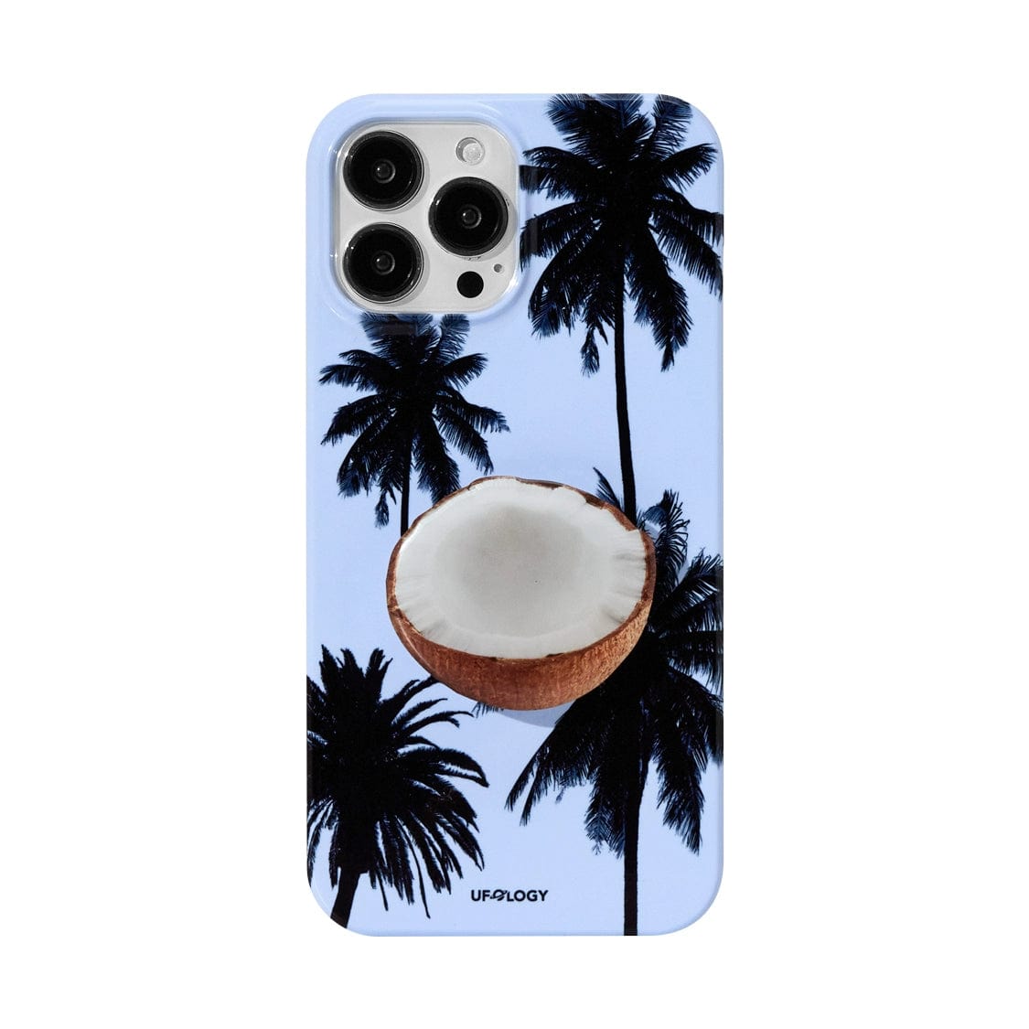 A light blue iPhone 16 Pro Max case, part of the "Tropical Escape MagSafe" collection, features black silhouettes of palm trees and a half coconut stand in the center. The brand name "UFOLOGY" is printed at the bottom.