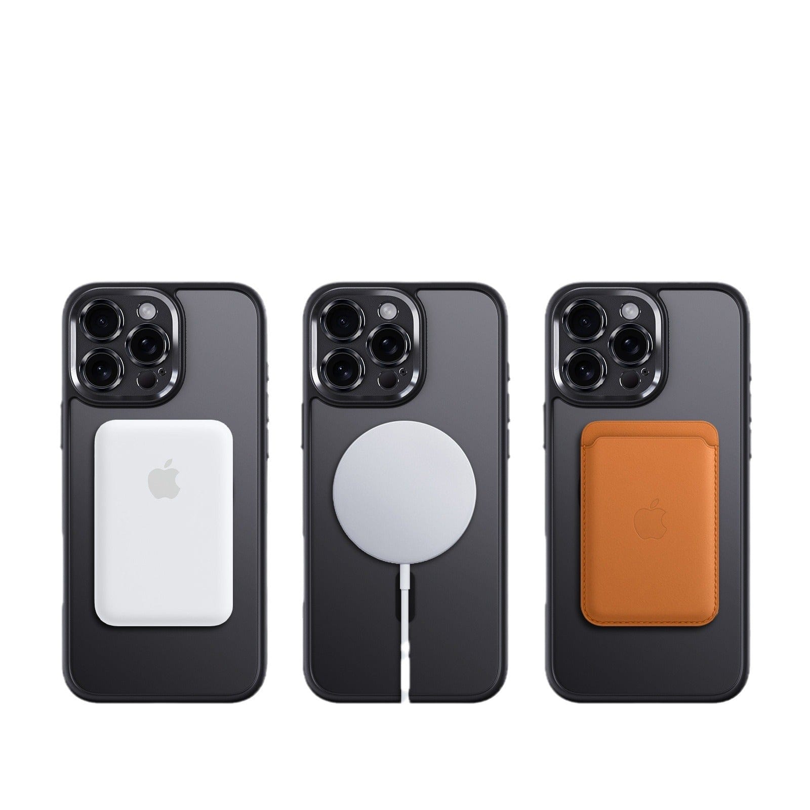 Three black iPhones with MagSafe accessories: a battery pack on the left, a charger in the center, and a brown wallet on the right—all compatible with the Durable MagSafe iPhone 16 Pro Max Case made of TPU+PC material, featuring shockproof air cushions and camera protection.