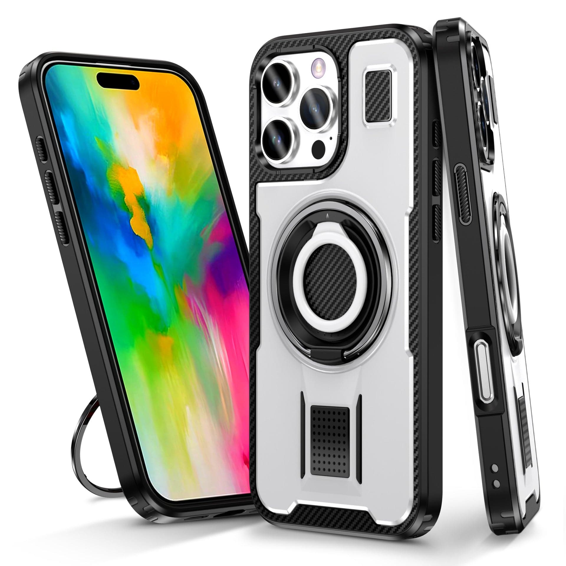 Three views of the Heavy-Duty iPhone 16 Pro Max Case with 360° Rotating Ring Holder are shown, featuring a rugged design with carbon fiber accents, black edges, a colorful screen, and a metallic kickstand. The protective cover includes circular camera cutouts and is MagSafe compatible.