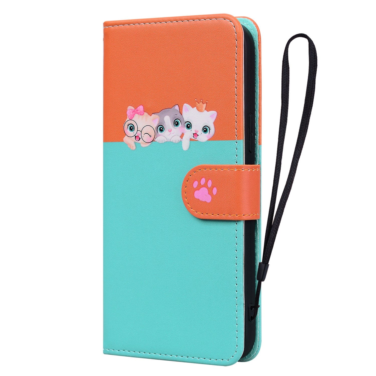 A Cute Cartoon iPhone 16 Pro Max Wallet Case in turquoise and orange, featuring a charming cartoon design of four cats peeking out and a paw print button closure. It also includes a black wrist strap, along with drop protection, card slots, and a built-in stand for added convenience.