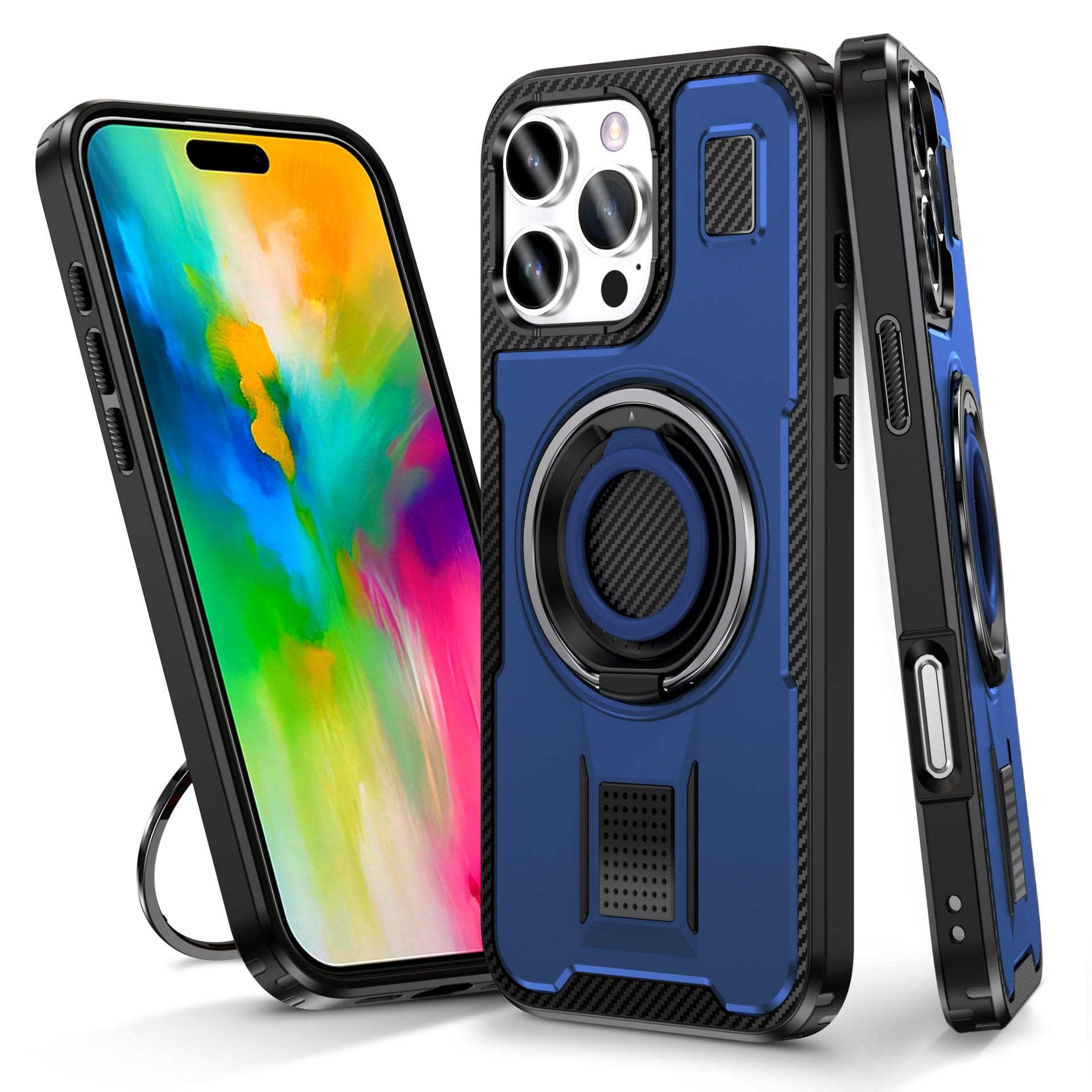 Heavy-Duty iPhone 16 Pro Max Case with a 360° rotating ring holder, MagSafe compatibility, and rugged carbon fiber accents, showcased with a smartphone featuring a colorful screen.