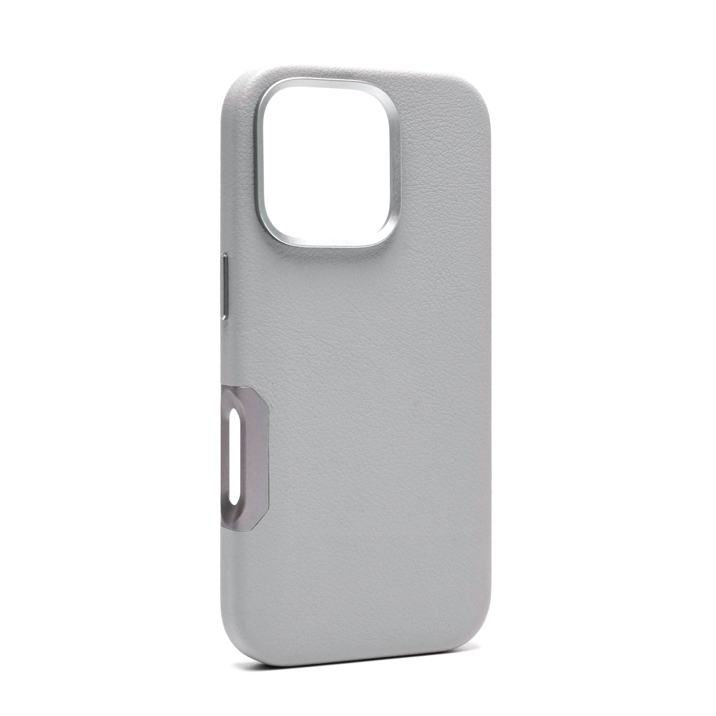 The iPhone 16 Pro Max Leather Case, which comes in light gray, includes a raised camera frame, openings for side buttons with aluminum alloy details, and MagSafe compatibility.