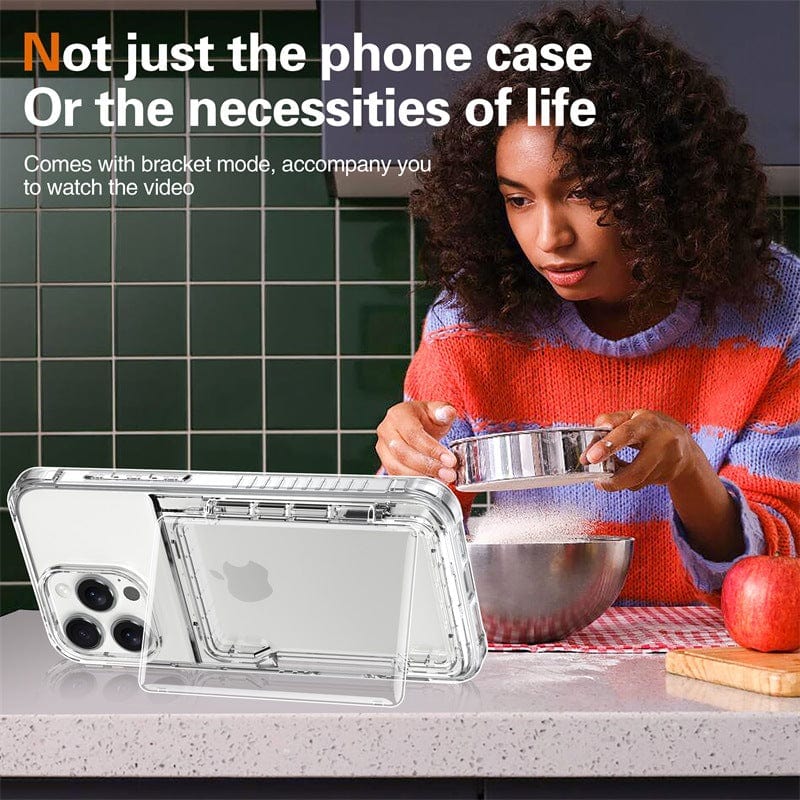 In a kitchen, someone watches a phone propped up on a stand while sifting ingredients into a mixing bowl. Text on the image advertises an iPhone 16 Pro Max Clear Case with Kickstand and Card Holder, highlighting its shockproof TPU + PC protective cover that's perfect for hands-free video watching.