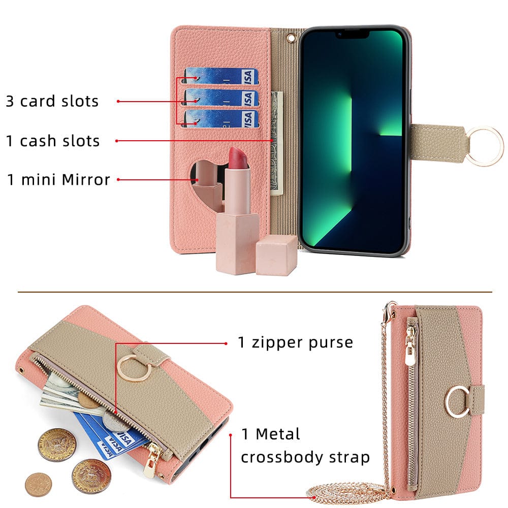 The iPhone 16 Pro Max Crossbody Wallet Case - PU Leather includes 3 card slots, 1 cash slot, a built-in mini mirror, and a lipstick holder. It also features a zippered purse and a detachable metal crossbody strap, shown holding the phone along with several items.