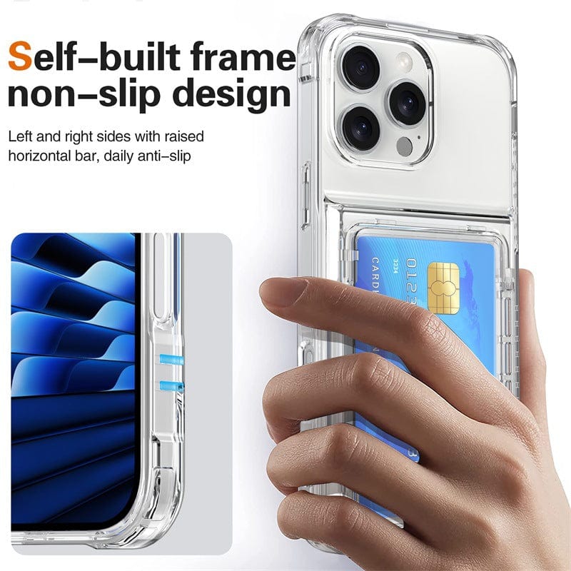 A hand holds an iPhone 16 Pro Max Clear Case with Kickstand and Card Holder. The text reads: "Self-built frame non-slip design" and mentions raised horizontal bars for anti-slip. A credit card is visible in the holder, which also features a convenient built-in kickstand.