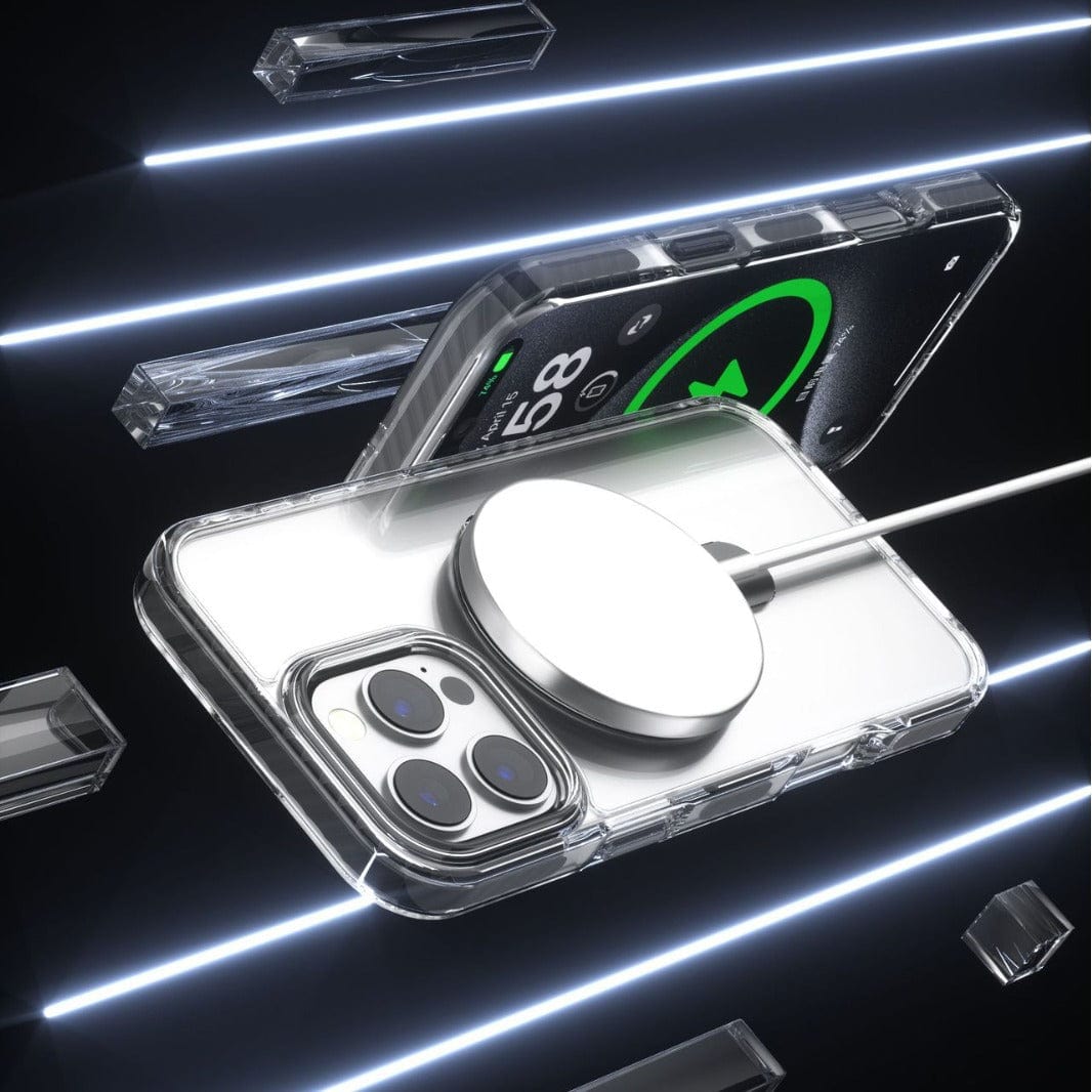 iPhone 16 Pro Max smartphones encased in Clear Cases with Ring Holders, MagSafe compatible and boasting a high-gloss finish, being charged wirelessly against a sleek background featuring neon lines.