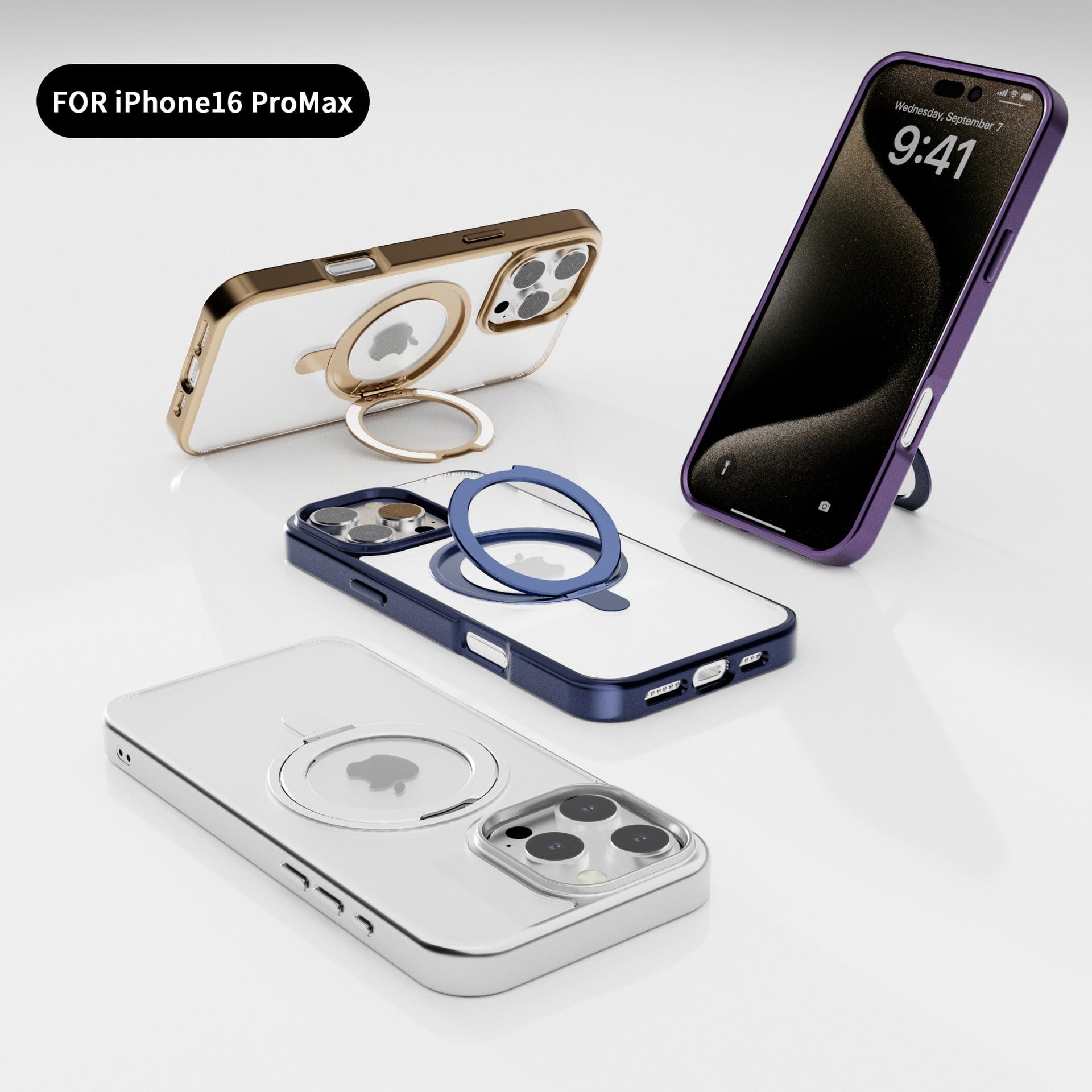 Four iPhone 16 Pro Max cases are displayed. These premium protective covers, featuring sleek clear backs and metal frames in gold, purple, blue, and white, not only offer top-notch protection but also come with built-in ring holders for added convenience. Additionally, they are MagSafe compatible for seamless use with other accessories.