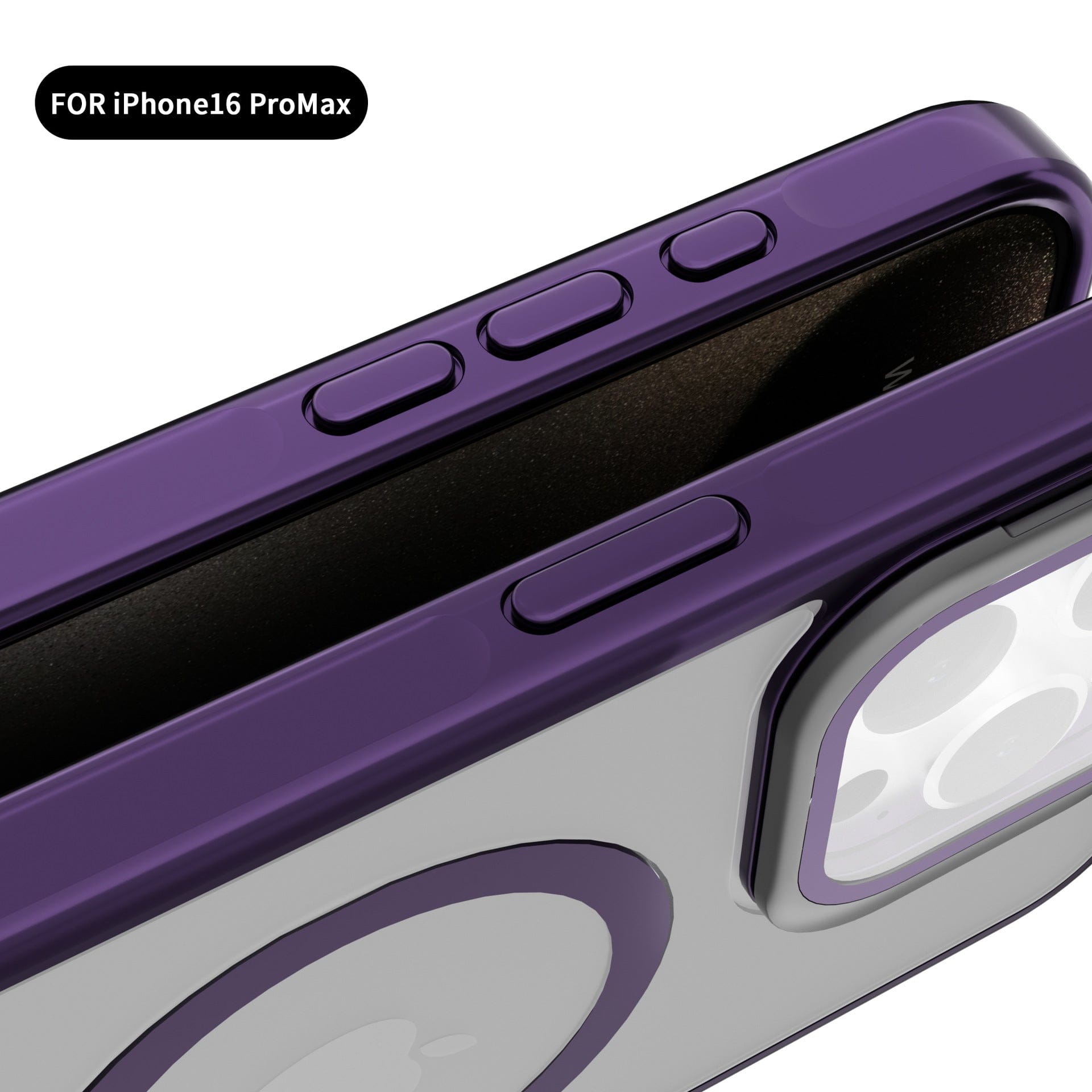 Close-up of the Silky Touch iPhone 16 Pro Max Case with Ring Holder in vibrant purple, featuring precise TPU button cutouts and a dedicated area for the rear camera lenses.