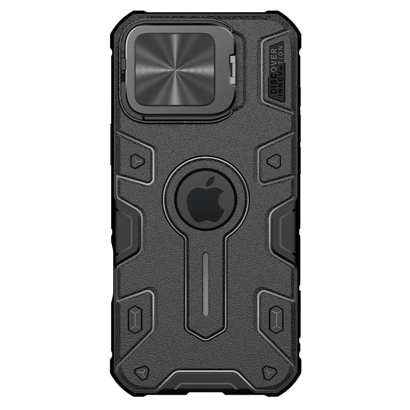 The Rugged MagSafe iPhone 16 Pro Max Case in black features a durable combination of TPU, PC, and metal materials with a sliding cover to protect the camera and a circular cutout that showcases the Apple logo.