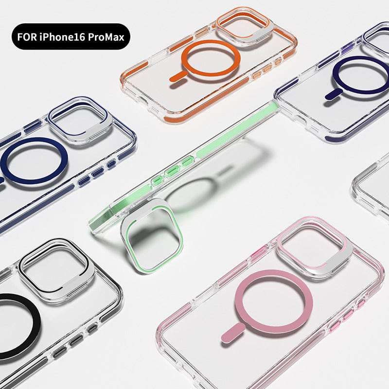 Several Clear MagSafe iPhone 16 Pro Max Cases with acrylic frame stands, featuring colored MagSafe rings and bumper accents, are displayed on a white surface, showcasing their sleek design.