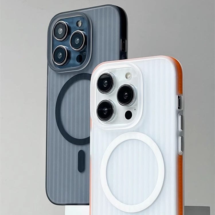 Two iPhone 16 Pro Max phones with circular magnetic rings on the back. The left phone has a dark-gray protective case featuring a corrugated matte texture, MagSafe compatibility, and a shockproof slim design, while the right phone has a white-orange protective case with the same features. Both have triple-camera setups.