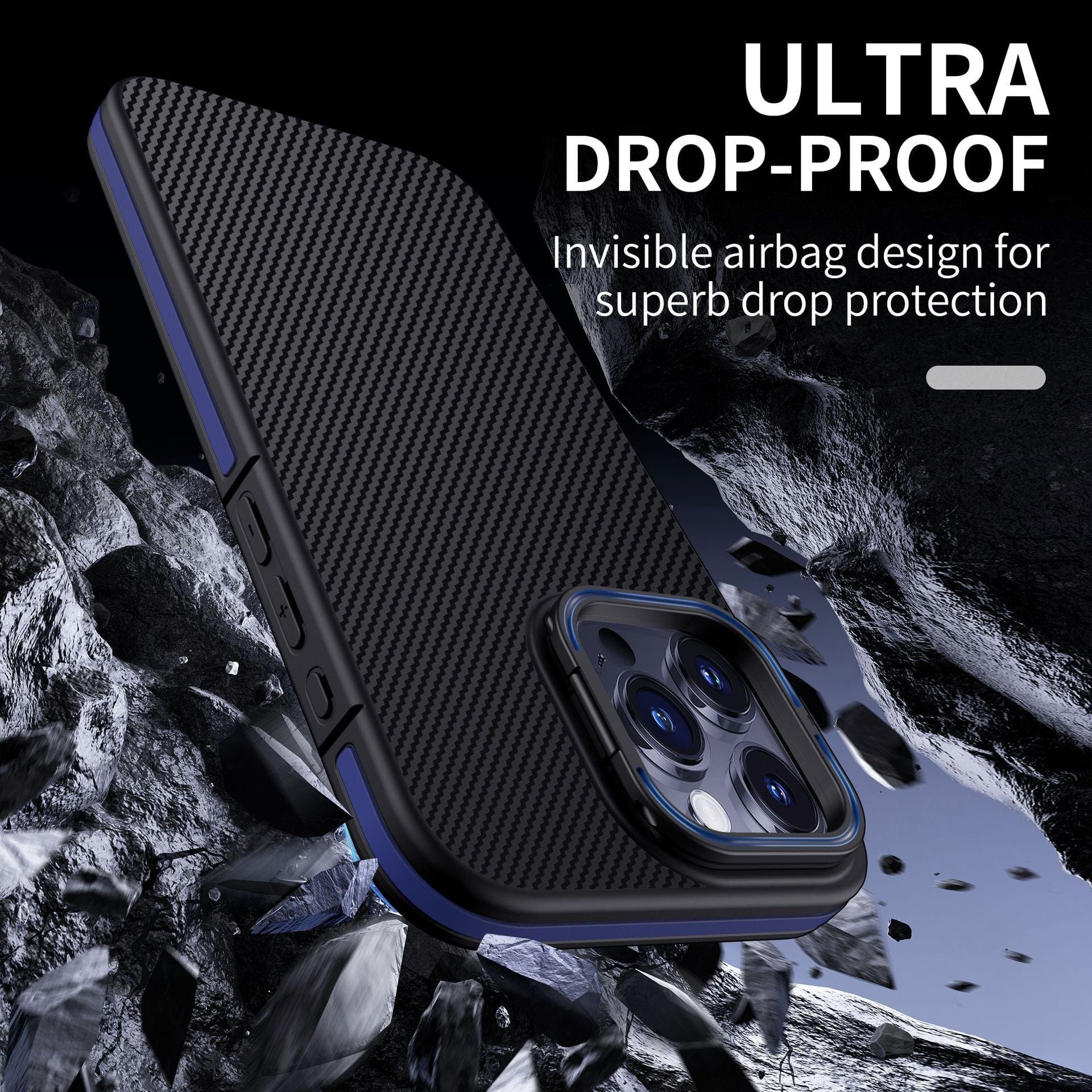 An iPhone 16 Pro Max Carbon Fiber Texture Case is displayed. The text reads "ULTRA DROP-PROOF" with "Invisible airbag design for superb drop protection" below it. This shockproof, MagSafe compatible case with a metal kickstand is surrounded by rocks and debris in the background.