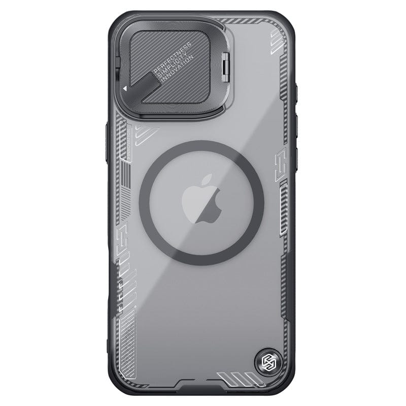 A black, MagSafe compatible iPhone 16 Pro Max case made from eco-friendly shockproof TPU, bio-based PC, and aluminum. It features a transparent design with a sliding camera cover, an embossed logo on the lower right corner, and circular MagSafe alignment markings alongside an Apple logo on the back.