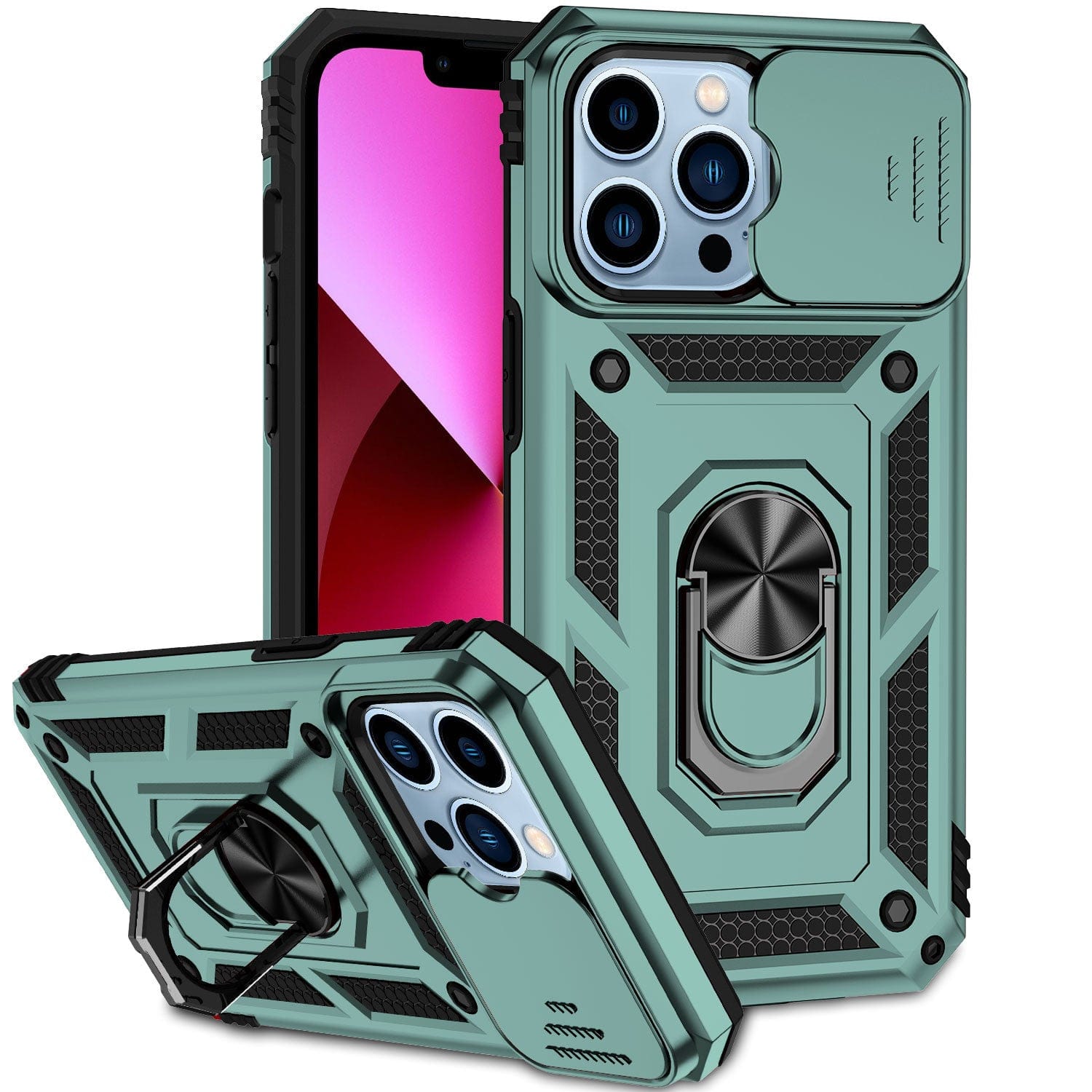 Two smartphones in rugged, teal iPhone 16 Pro Max cases with a shockproof design and built-in magnetic ring stands. One phone is upright, showcasing the front screen, while the other is horizontal, revealing the back of the case complete with a camera lens cover and MagSafe compatibility.