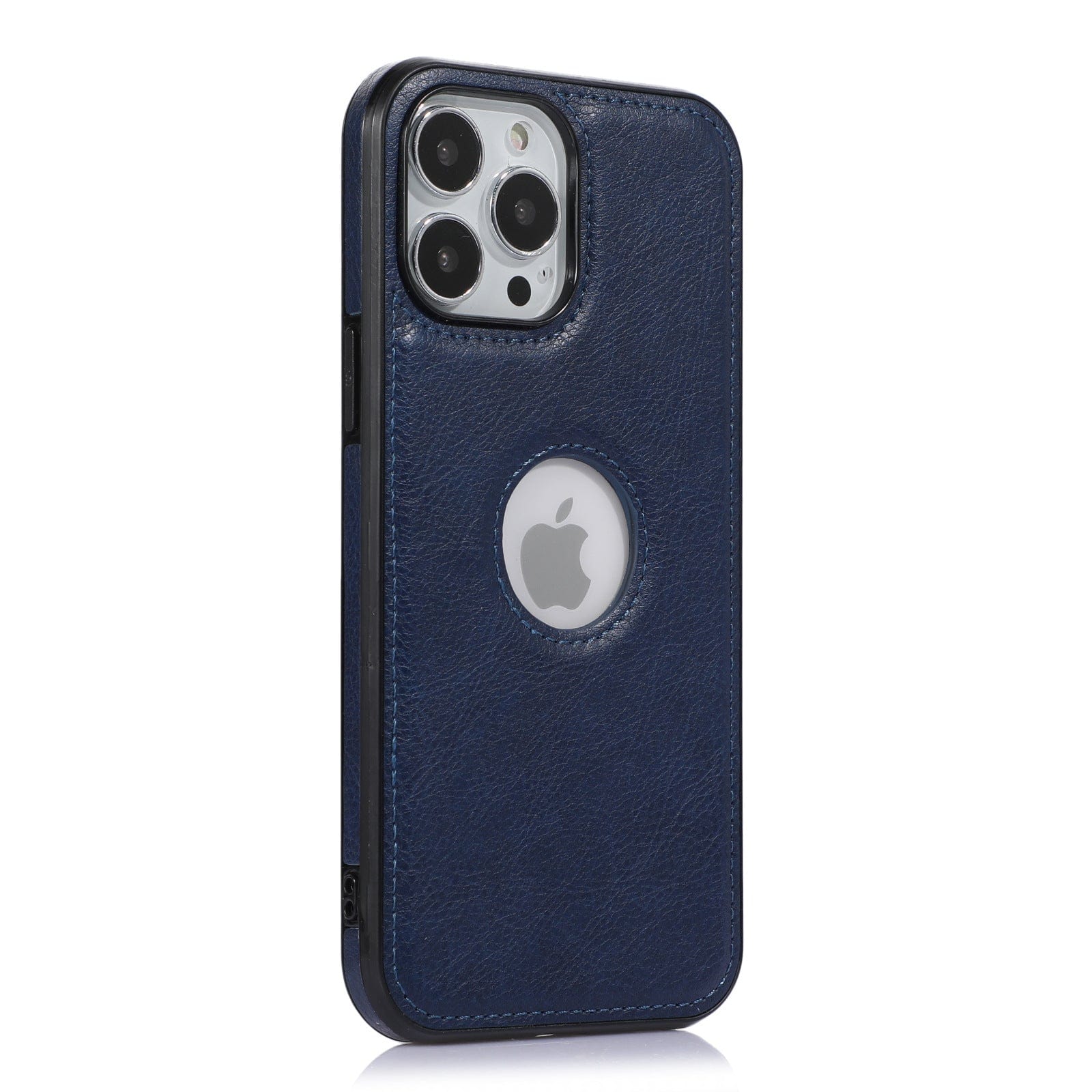 This iPhone 16 Pro Max Case in Premium Synthetic Leather features a blue design with three camera cutouts and an Apple logo visible through a circular window on the back. It is shockproof and anti-fingerprint for added protection.