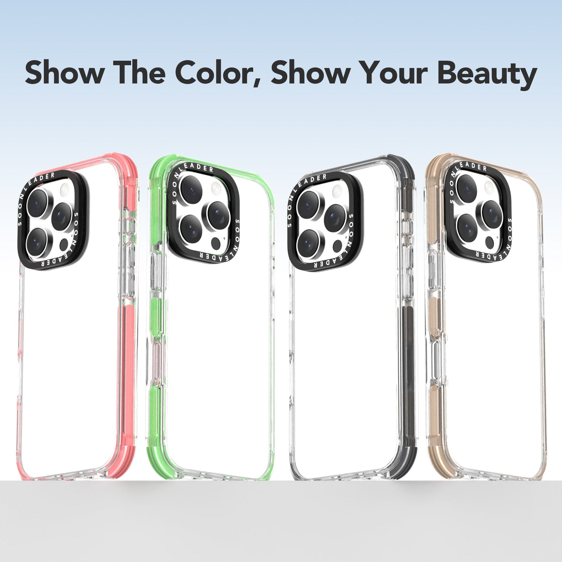 The iPhone 16 Pro Max Clear MagSafe Case, available in pink, green, black, and gold with the text "Show The Color, Show Your Beauty" above them. These anti-yellowing shockproof covers feature military-grade drop protection to keep your phone safe and stylish.