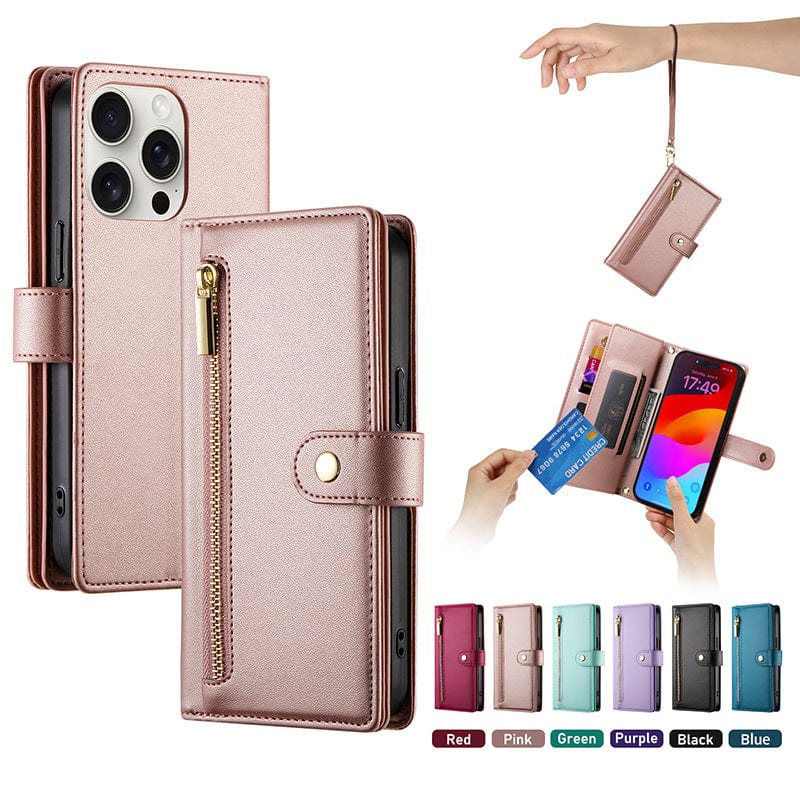 The iPhone 16 Pro Max Wallet Case with Card Holder, Zipper Pocket, and Stand Function is shown here in pink. Crafted from premium leather, it features a zipper pocket, card slots, wrist strap, and built-in stand function. It is available in red, pink, green, purple, black, and blue.