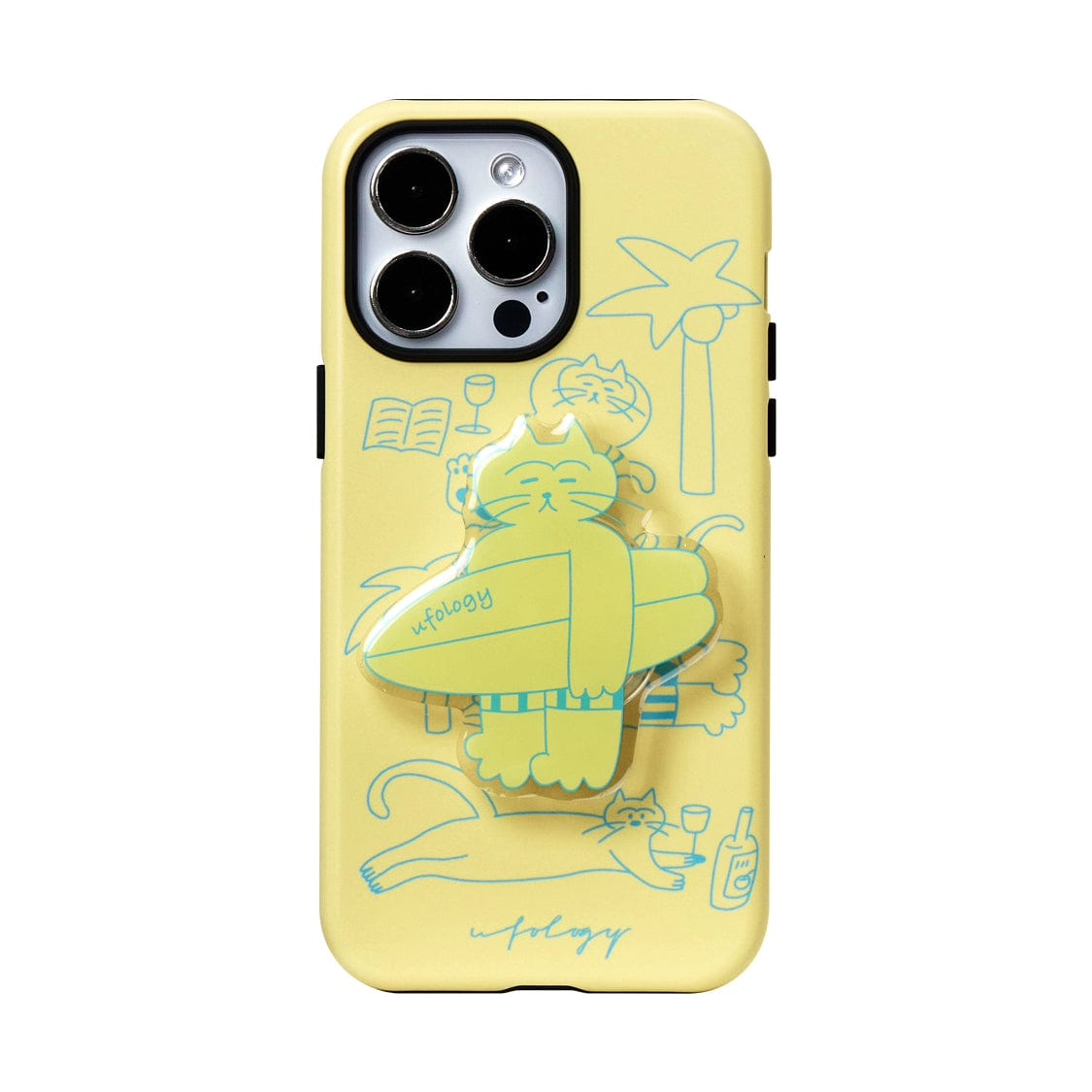 Introducing the Tropical Cat MagSafe iPhone 16 Pro Max Case! This sunny yellow case features a playful cat theme with an illustration of a cat lounging with a surfboard, surrounded by palm trees and beach elements. The 3D pop-out design showcases a relaxed cat holding a surfboard, with the word "ufology" written on the surfboard and near the bottom. Perfect for those who want an all-inclusive protective cover for their phone.