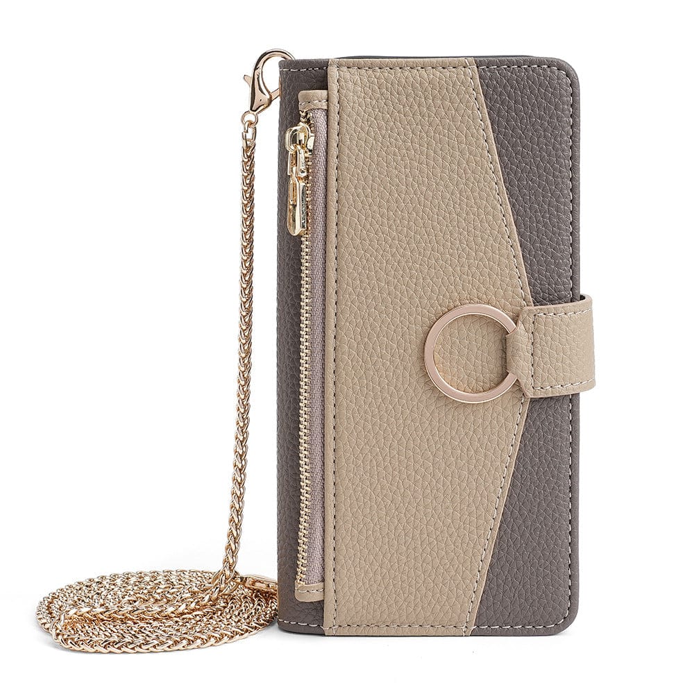 The iPhone 16 Pro Max Crossbody Wallet Case in beige and brown features a gold zipper pocket, a gold ring clasp, an attached gold chain strap, and is perfectly sized to fit your iPhone 16 Pro Max.