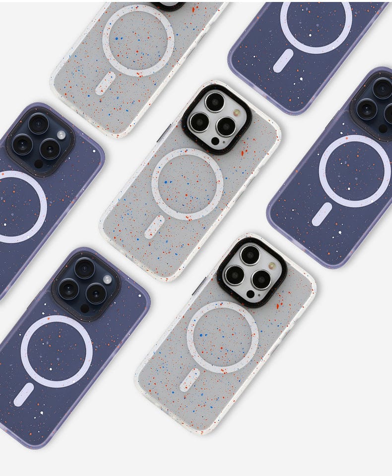 Eight Speckled MagSafe iPhone 16 Pro Max Cases with matte finishes, some housing phones, are arranged on a flat surface. Each case features a circular design, likely for magnetic accessories.