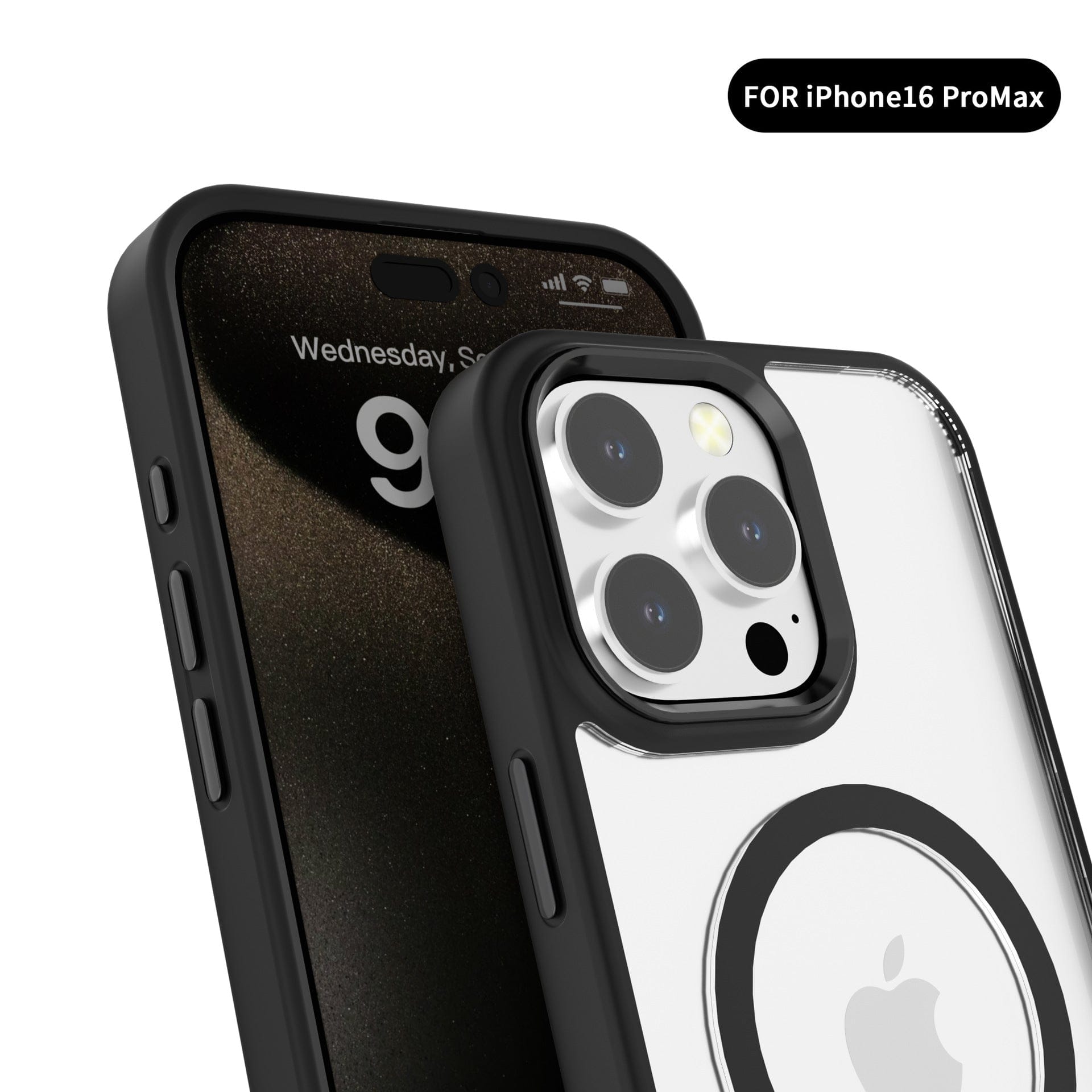 Close-up of an iPhone 16 Pro Max encased in a MagSafe Compatible iPhone 16 Pro Max Case, featuring a clear back with a TPU bumper, displaying the time 9:41 on the lock screen. The camera lenses and flash are prominently visible. A tag reads "FOR iPhone16 ProMax.