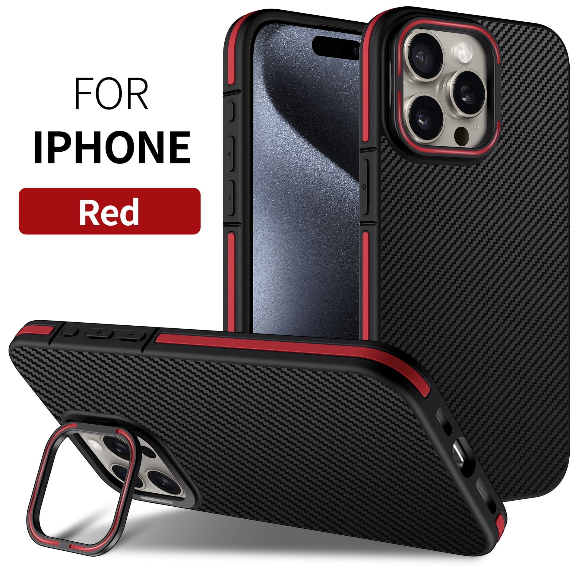 iPhone 16 Pro Max Carbon Fiber Texture Case with shockproof protection, metal kickstand, and MagSafe compatibility in black and red.