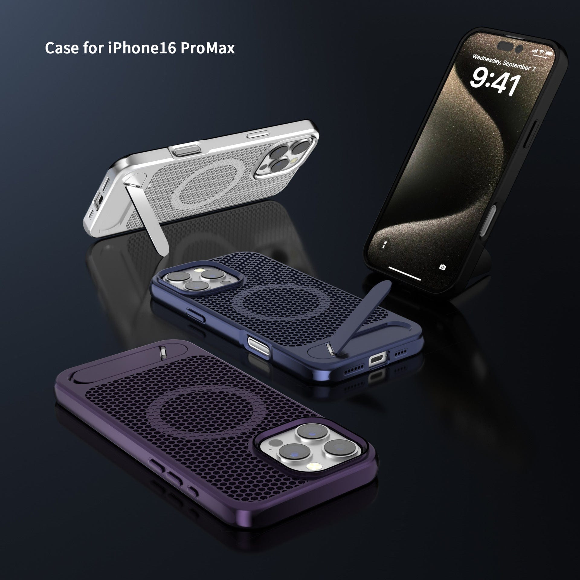 Four iPhone 16 Pro Max cases with kickstands, featuring honeycomb heat dissipation designs and MagSafe compatibility, rest on a black surface; two laying flat, one propped up with its kickstand, and another attached to a phone displaying the time 9:41.