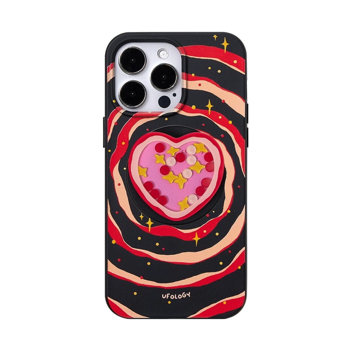 This image showcases the Galaxy Heart MagSafe iPhone 16 Pro Max Case | Cosmic Design with Stand | All-Inclusive Protective Cover. The case boasts a vibrant swirling pattern in pink, red, and black reminiscent of a vortex, accented by small yellow star-like details. The centerpiece features a raised heart-shaped design filled with smaller floating hearts.