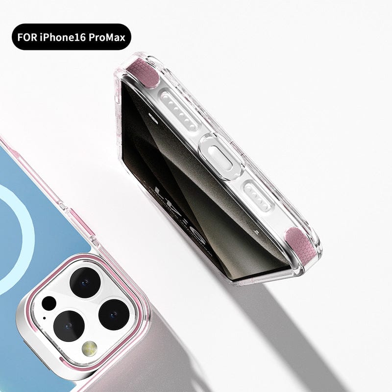 A clear protective iPhone 16 Pro Max case with an iridescent finish and a colorful TPU bumper, compatible with MagSafe, displayed next to a partially visible iPhone with a camera module.