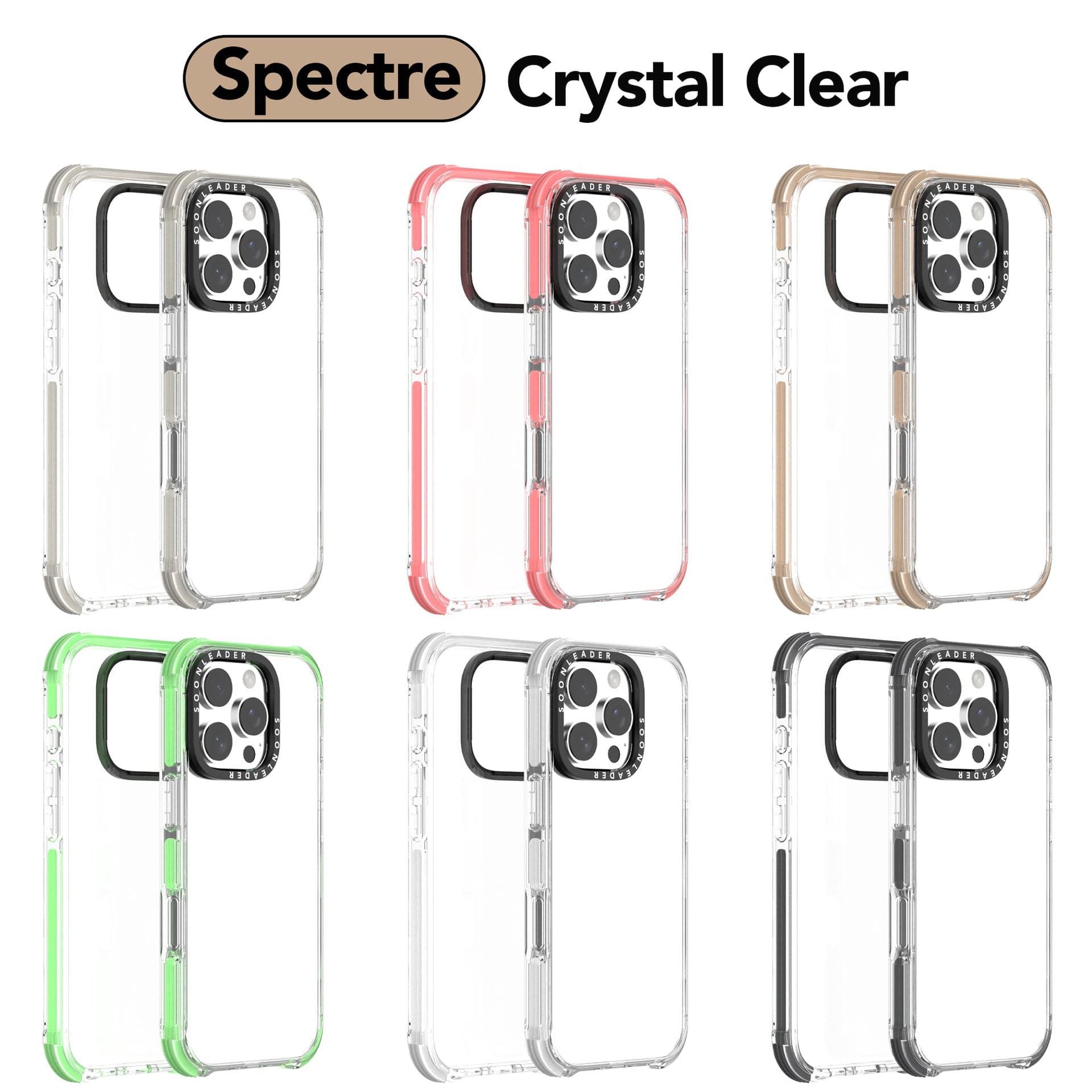 Six iPhone 16 Pro Max Clear MagSafe Cases in different edge colors (green, pink, gold, clear, white, black) displayed in two groups of three. All cases feature transparent backs with Military-Grade Drop Protection and Anti-Yellowing Technology, shown with an iPhone inside.