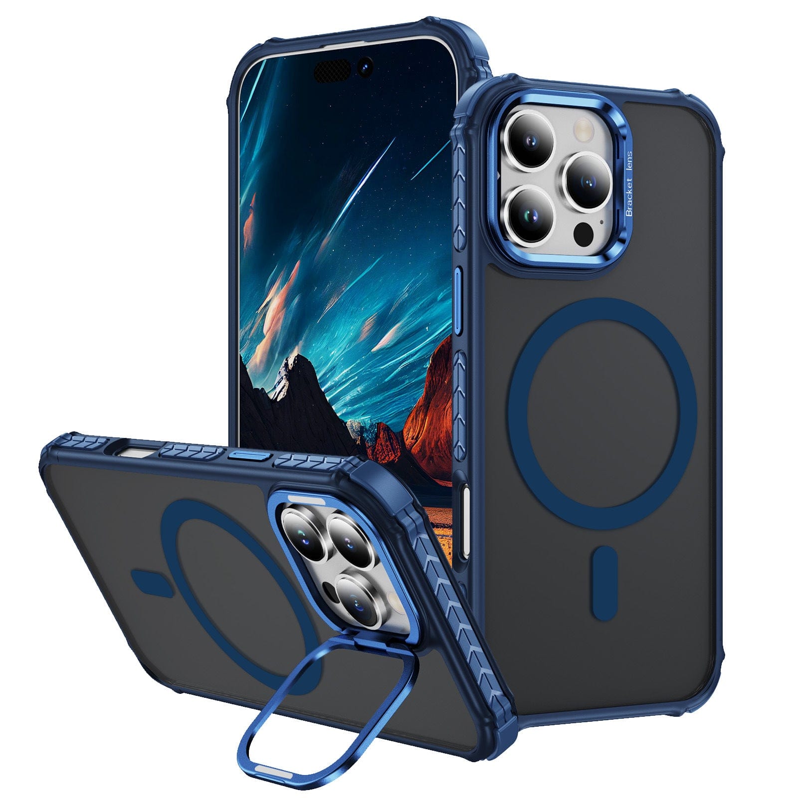 Three smartphones in stylish blue and black iPhone 16 Pro Max Rugged MagSafe Cases, featuring reinforced corners and a circular pattern with orange accents on the back. The dual-layer shockproof protection offers MagSafe compatibility, while the screens display a stunning mountain and sky scene.