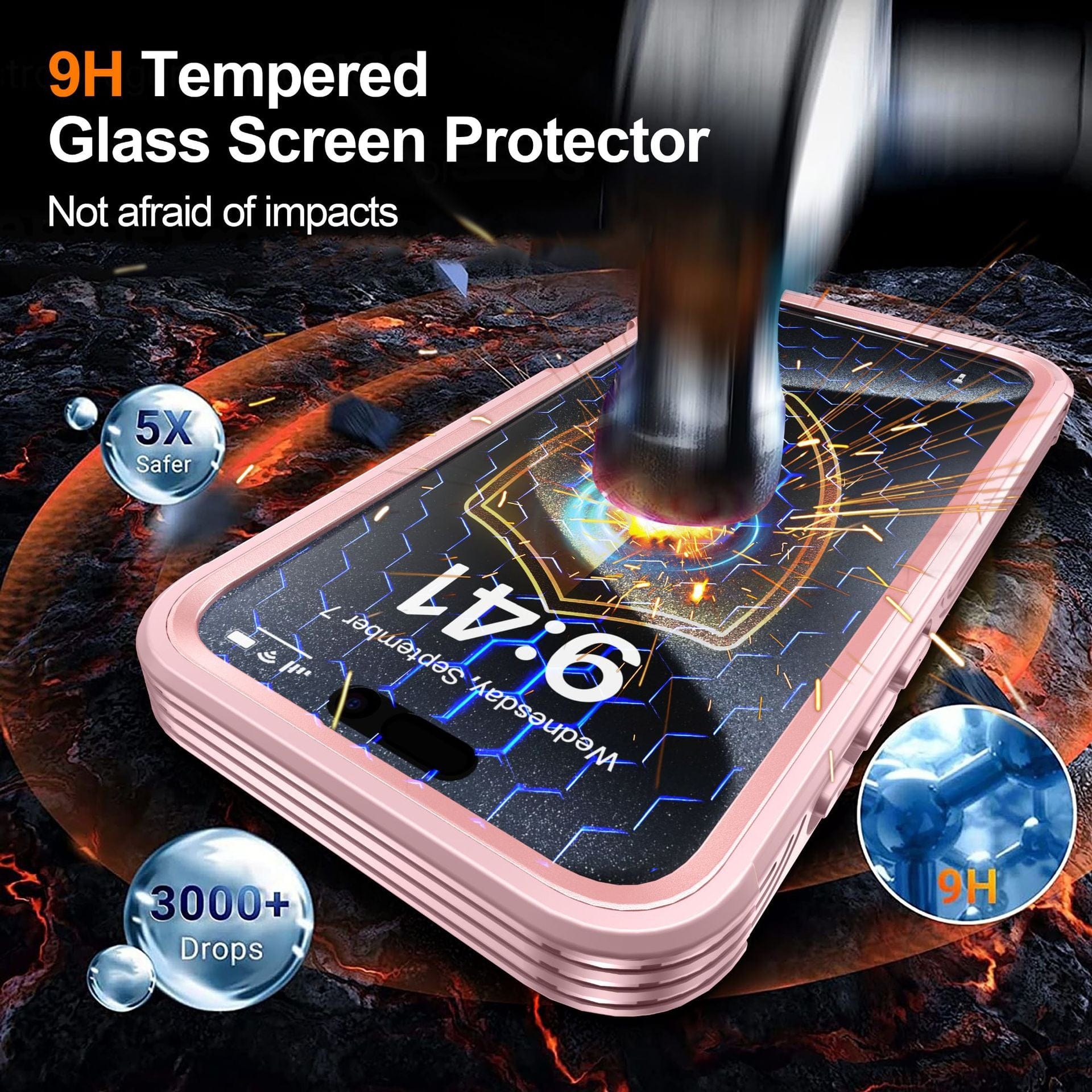 A hammer striking a smartphone's screen equipped with the Magnetic Clear iPhone 16 Pro Max Case featuring a 9H tempered glass screen protector underlines its military-grade shockproof design, showcasing its exceptional durability and resistance to impacts and drops. The text proudly emphasizes "5X Safer" and "3000+ Drops," making it an ideal choice for your iPhone 16 Pro Max, complete with MagSafe compatibility.