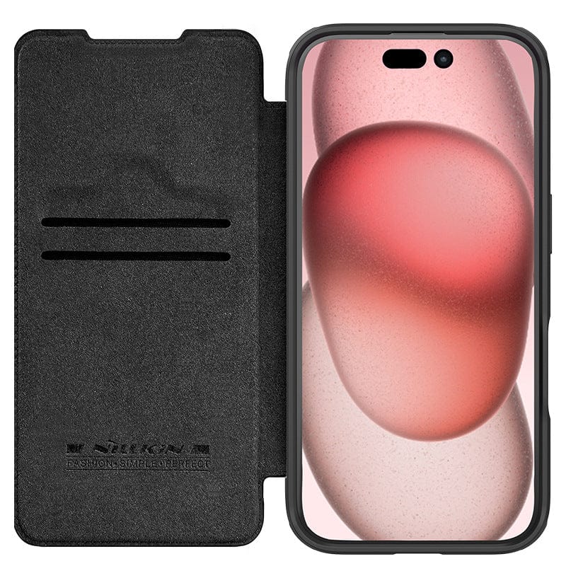 The iPhone 16 Pro Max is displayed in a black leather flip cover case, featuring a red and pink abstract wallpaper. This premium case offers multi-layer protection and includes features like a card holder, metal lens cover, and stand.