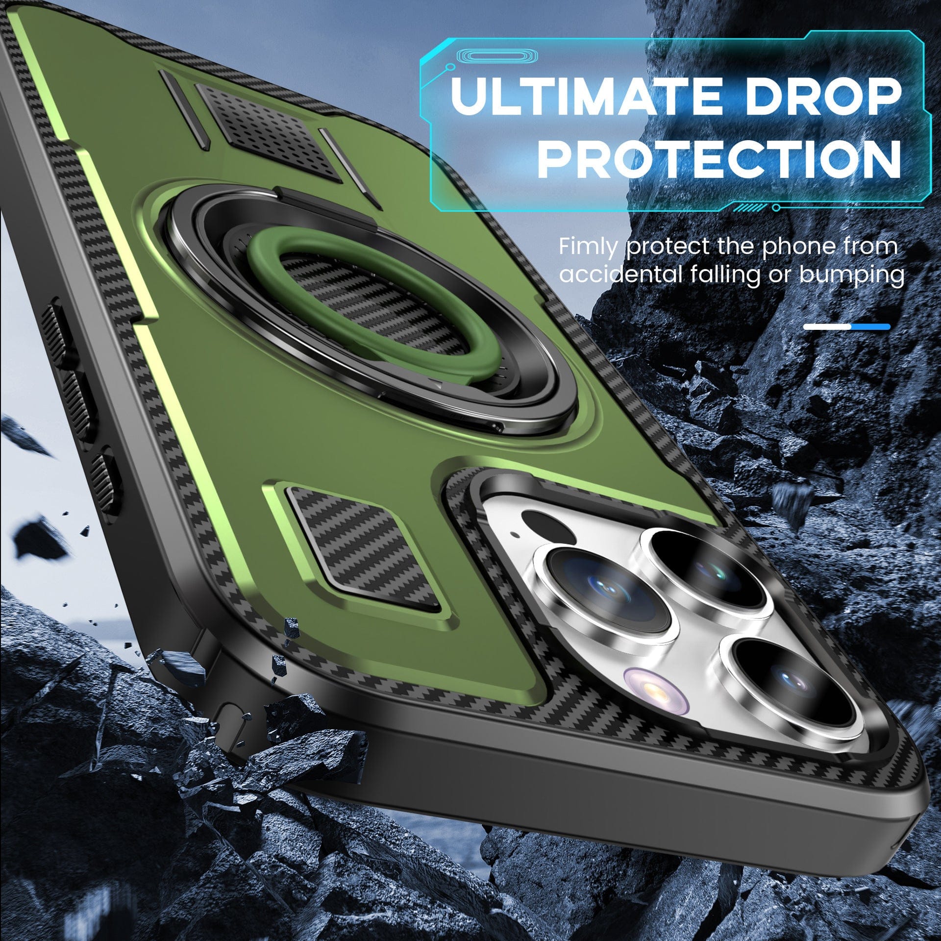 A green Heavy-Duty iPhone 16 Pro Max Case with 360° Rotating Ring Holder, featuring reinforced corners and carbon fiber accents, is shown amidst a rocky background. Text reads: "Ultimate Drop Protection - Firmly protect your phone from accidental falling or bumping.