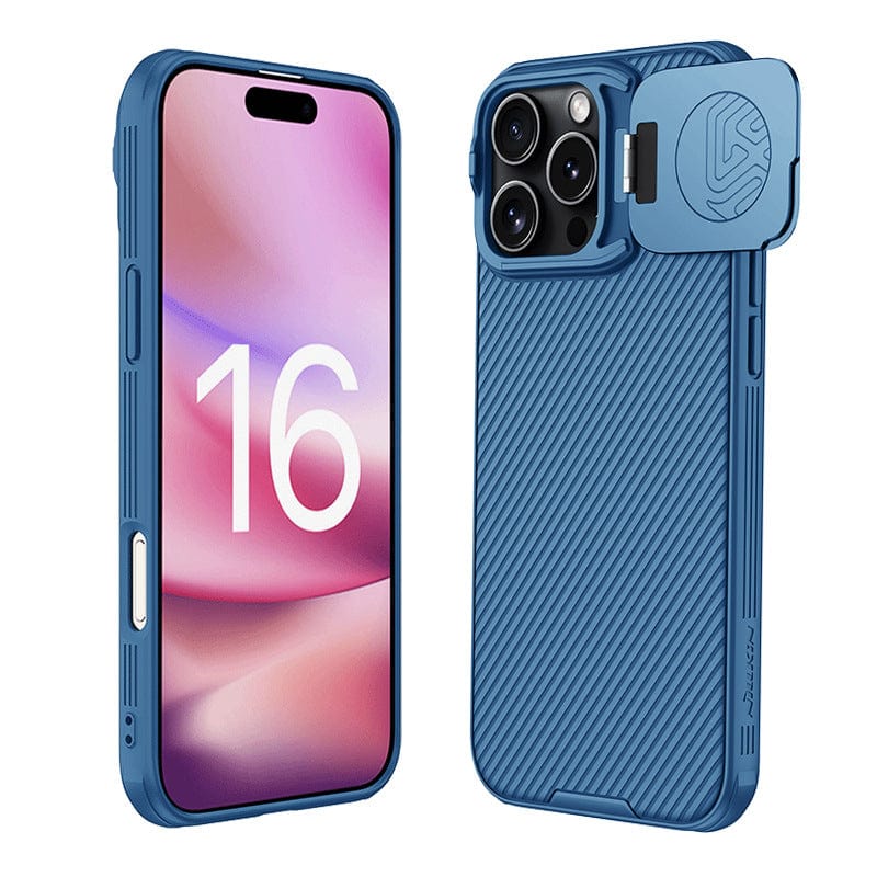 The Shockproof Slim Fit iPhone 16 Pro Max Case with MagSafe, featuring dual-layer protection and a camera cover, comes in blue and offers an ergonomic anti-slip grip with a textured back. It also has a cutout for the side button. The screen showcases the number 16 on a pink and purple gradient background.