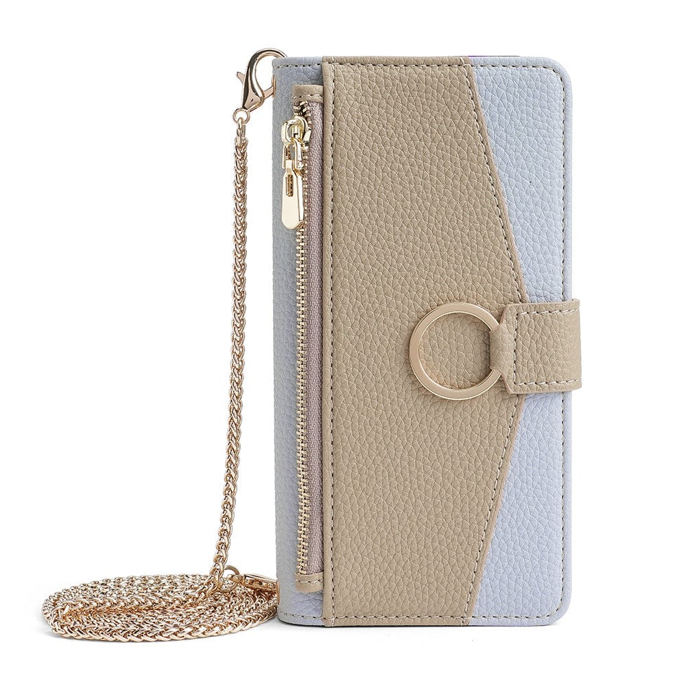 The iPhone 16 Pro Max Crossbody Wallet Case, made from PU leather in beige and gray, features a gold chain strap, a zipper pocket, a ring detail on the clasp, and a textured surface. It also includes additional functionalities like a built-in mirror, card slots, and a hidden stand.