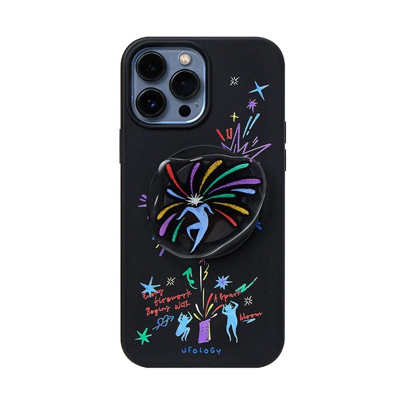 The Firework Fantasy MagSafe iPhone 16 Pro Max Case features a vibrant celebration design with colorful, abstract artwork depicting dancing figures, a UFO, and various shapes with radiant lines emanating from the center. This all-inclusive protective cover also includes elements of ufology and comes with a convenient pop-out stand on the back.