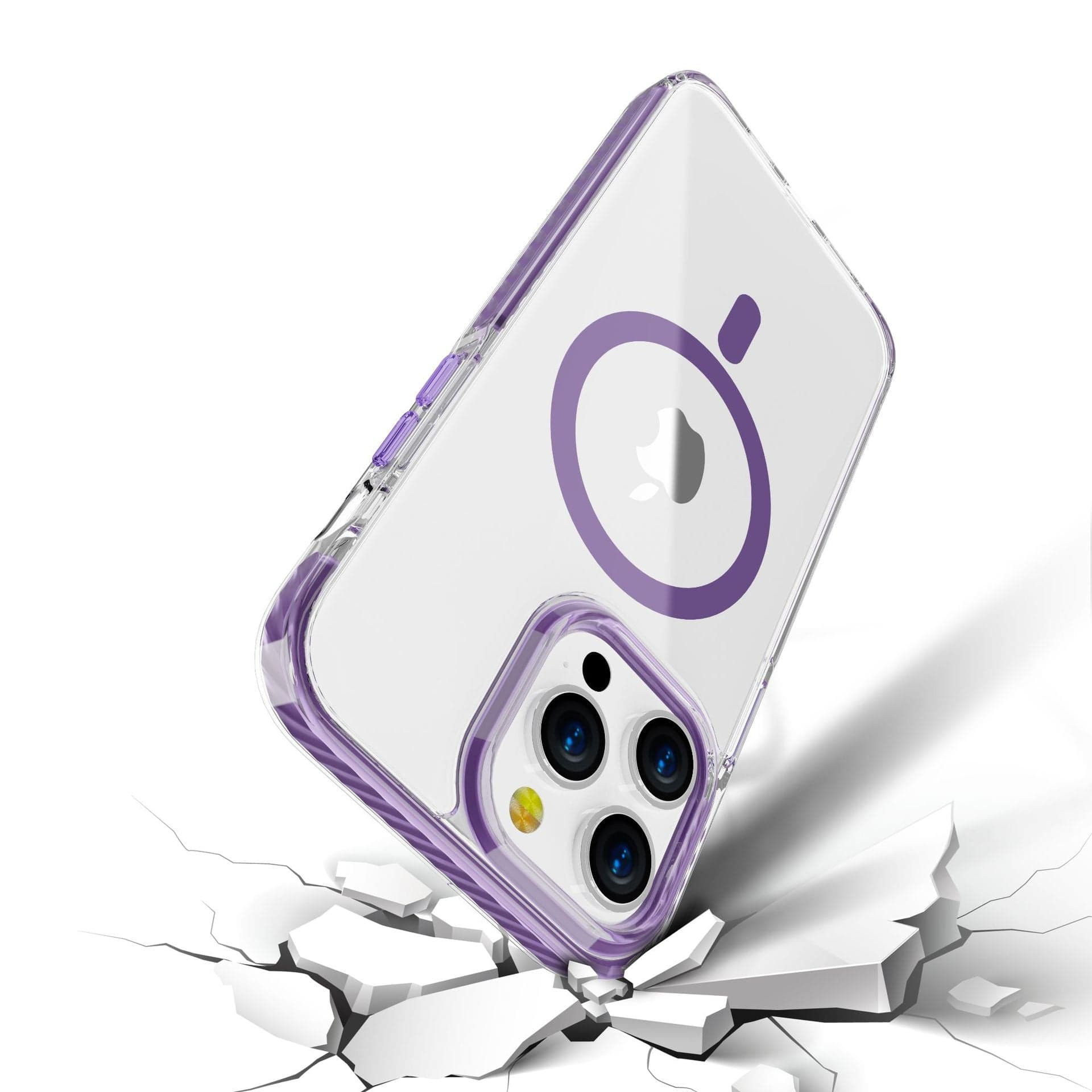 The iPhone 16 Pro Max Case – Acrylic Backplate with TPU Frame, Shockproof, and MagSafe Compatible showcases a clear design with a purple ring around the camera module. The phone is illustrated breaking through a white surface, producing a cracked effect.