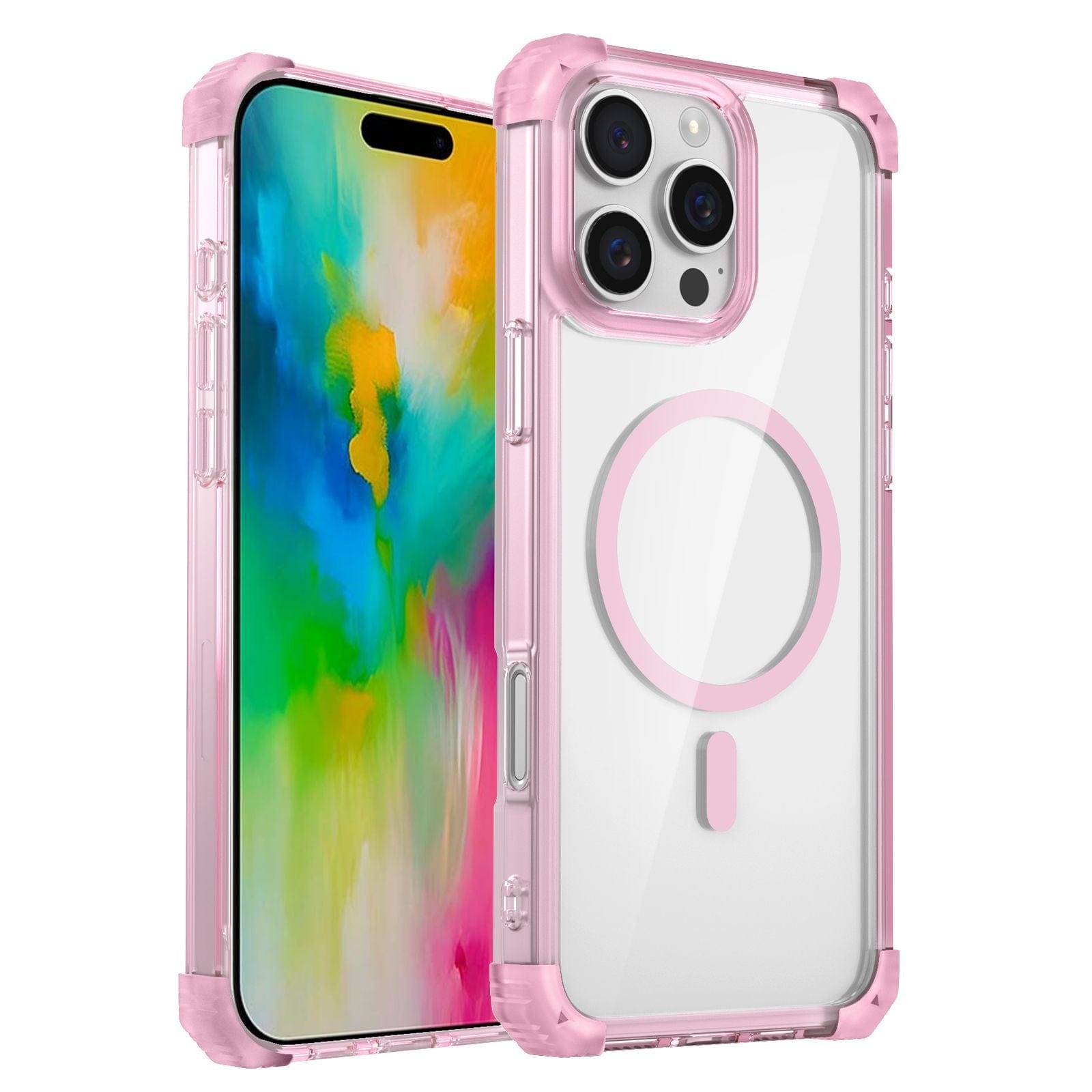 A smartphone with a colorful screen and an iPhone 16 Pro Max Clear MagSafe Case, featuring a transparent pink design with reinforced corners, military-grade drop protection, 3H anti-scratch properties, and a circular MagSafe design on the back for added style and functionality.