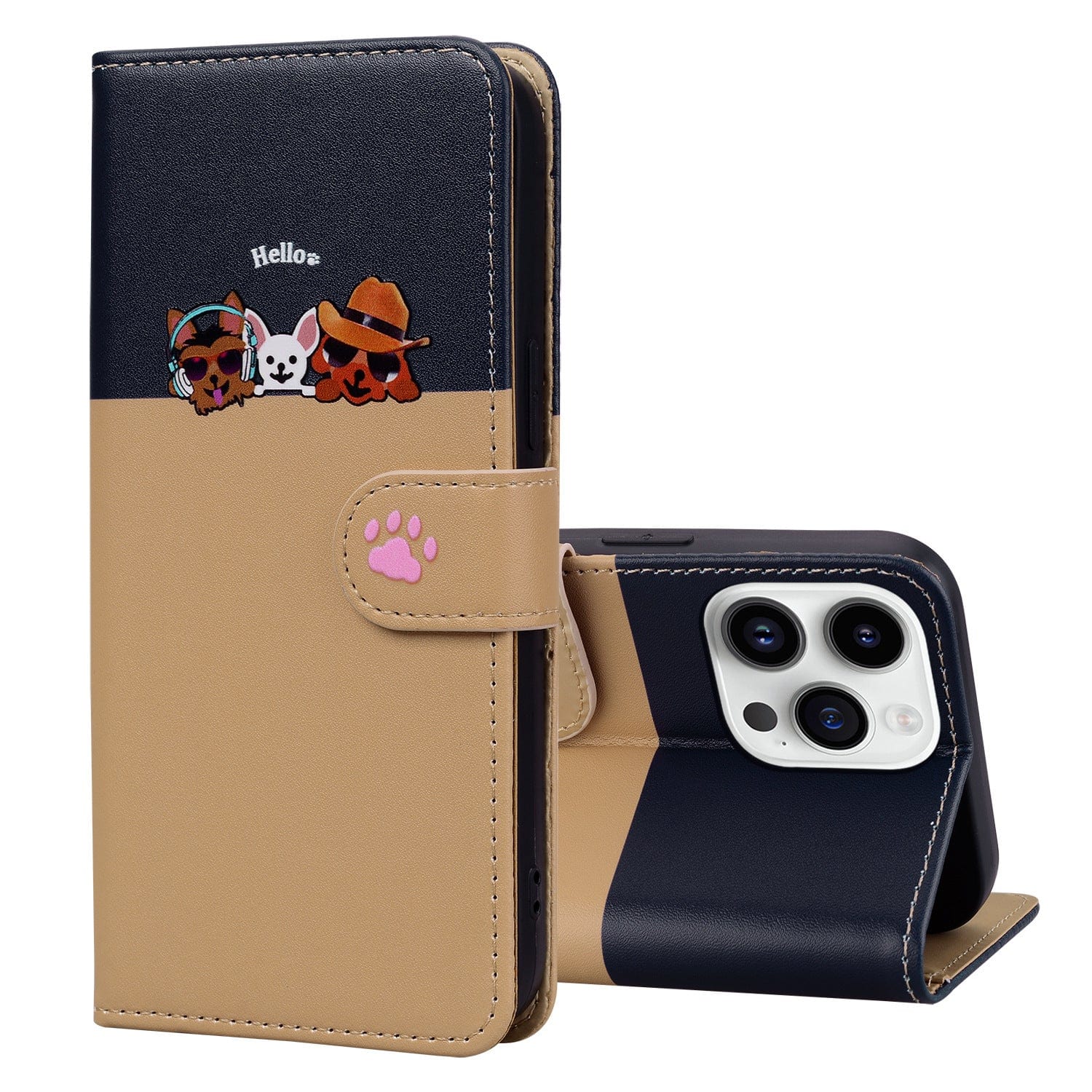 A Cute Cartoon iPhone 16 Pro Max Wallet Case featuring beige and black colors with playful animal designs and a pink paw print, depicted both open and closed with an iPhone 16 Pro Max inside. This shockproof flip cover includes a stand, drop protection, and card slots for added convenience.