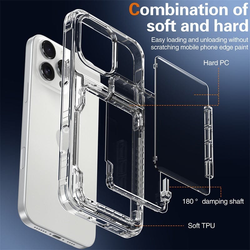 iPhone 16 Pro Max Clear Case with Kickstand and Card Holder, crafted from shockproof TPU and PC materials. This protective cover also features a built-in kickstand and a 180-degree damping shaft for easy loading and unloading.