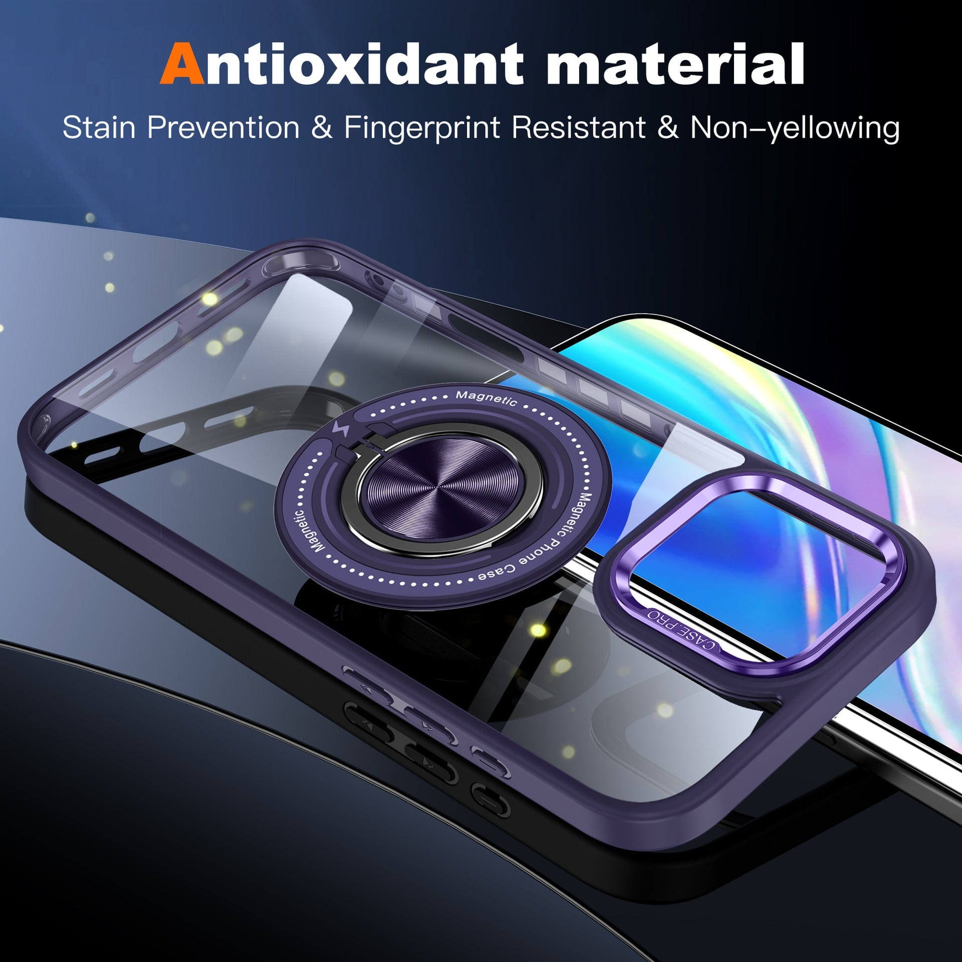 The Magnetic Ring iPhone 16 Pro Max Case rests on a reflective surface, showcasing its circular magnet attachment. In the background, text emphasizes that the case is made of antioxidant material, resistant to stains, fingerprints, and yellowing. It also features a 360° rotating finger ring stand for added convenience.