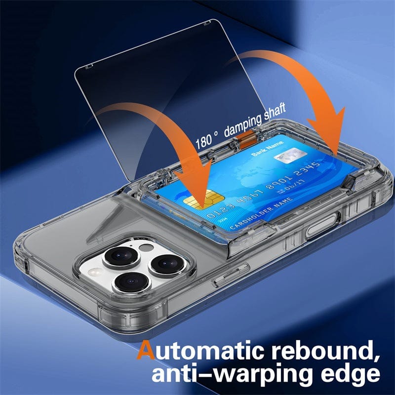 An iPhone 16 Pro Max Clear Case with Kickstand and Card Holder, featuring a blue card inside its hidden holder. The case includes a 180° damping shaft for easy opening and closing, indicated by orange arrows. Text: "Automatic rebound, anti-warping edge." The Shockproof TPU + PC Protective Cover showcases durability and style.