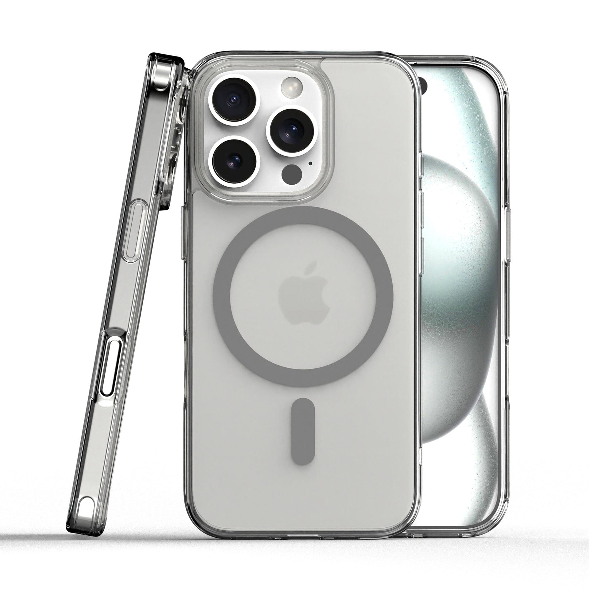 The Ultra-Thin Clear iPhone 16 Pro Max Case with MagSafe, featuring a 0.07mm slim fit, TPU frame & PC back shockproof bumper, on an angled, standing smartphone revealing the back with a visible MagSafe ring, shockproof airbag corners, camera lenses, and the Apple logo.