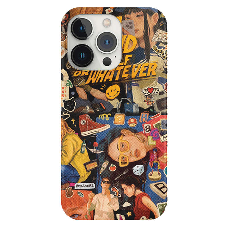 Introducing the Vibrant Collage iPhone 16 Pro Max Case, a lively design teeming with pop art, street style, and retro elements. This case features a colorful collage of various stickers, illustrated characters, and quirky phrases like "Kind of Whatever." It also includes emojis, fashion accessories, and several artistic touches that create an eclectic visual appeal.