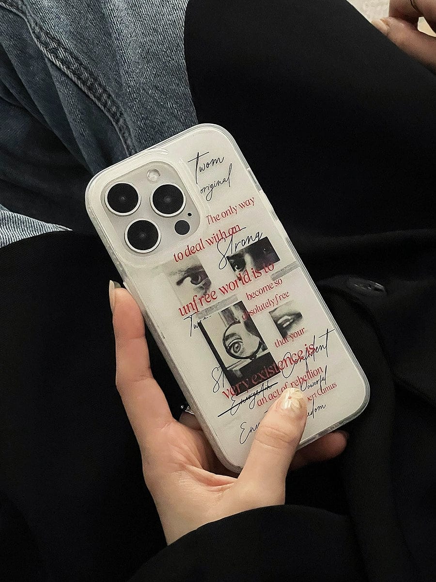 A person holds an iPhone 16 Pro Max encased in the Existential Freedom iPhone 16 Pro Max Case, a clear protective cover featuring abstract art and handwritten phrases, including an image of an eye. The phone has a white background and three camera lenses.