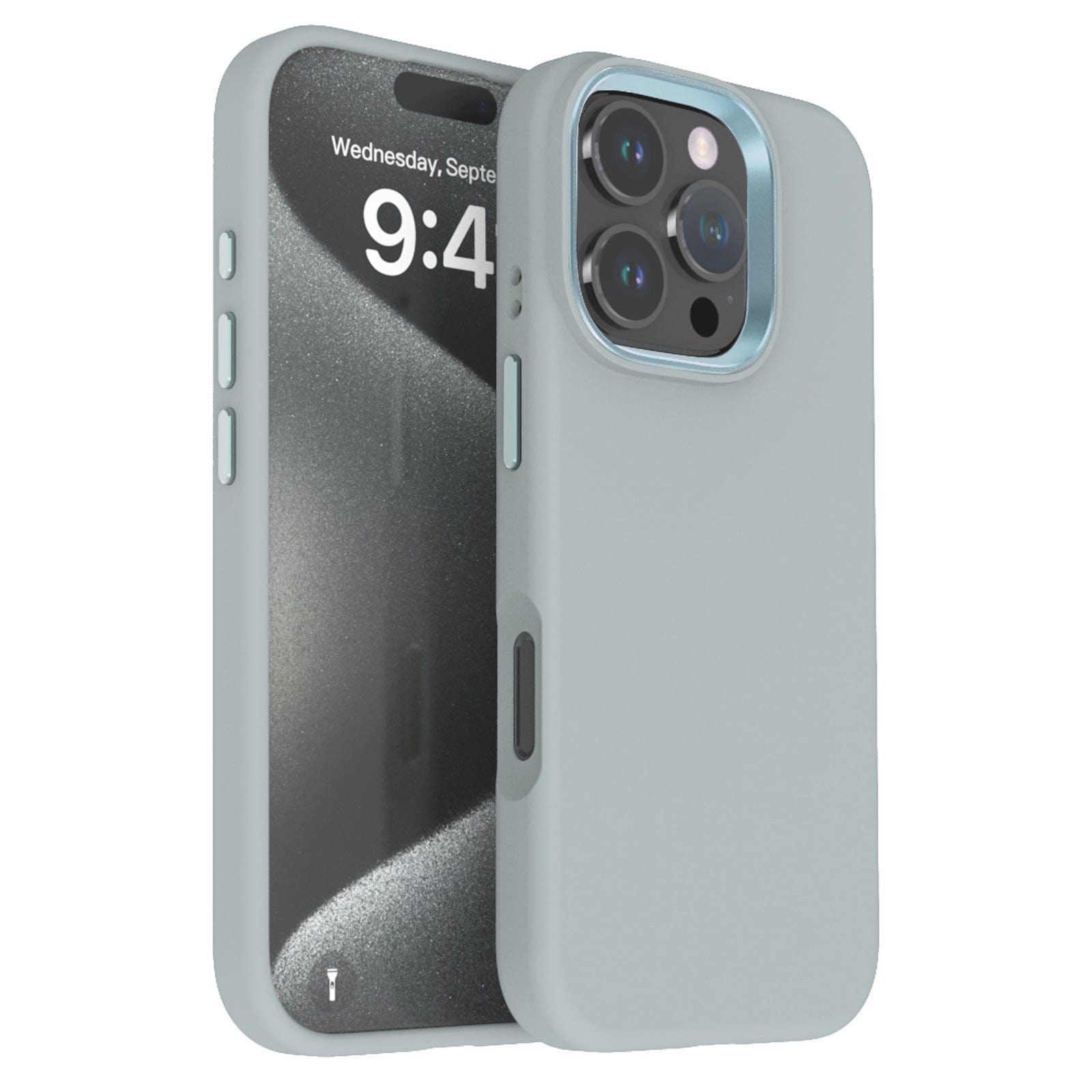 A smartphone with a blue gray Liquid Silicone iPhone 16 Pro Max case featuring a soft microfiber lining is shown from the front and back. The display indicates a time of 9:44 and a date of Wednesday, September 13, highlighting the enhanced camera protection with the metal camera ring and screen protection features.